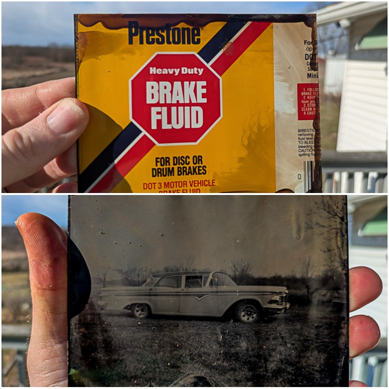 Classic car photo on reclaimed Prestone brake fluid bottle. Wet plate tin type collodion photography