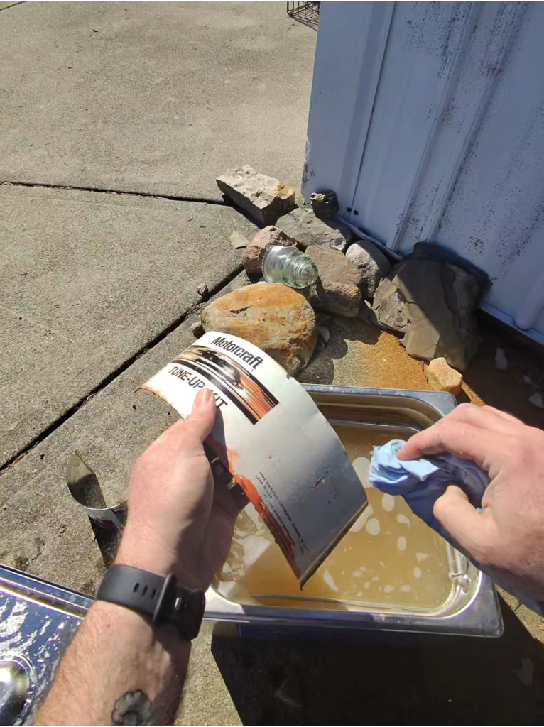 Ultrasonic Cleaning Vintage Metal Automotive Fluid Can To Create Flat Tintype Plate. Delaware Ohio Red Rabbit Photography