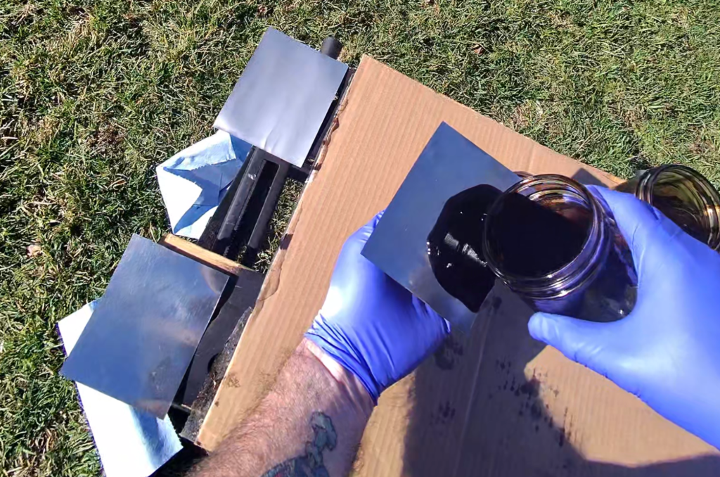 Pouring Black Japan On Vintage Metal Automotive Fluid Can Tintype Plate. Delaware Ohio Red Rabbit Photography